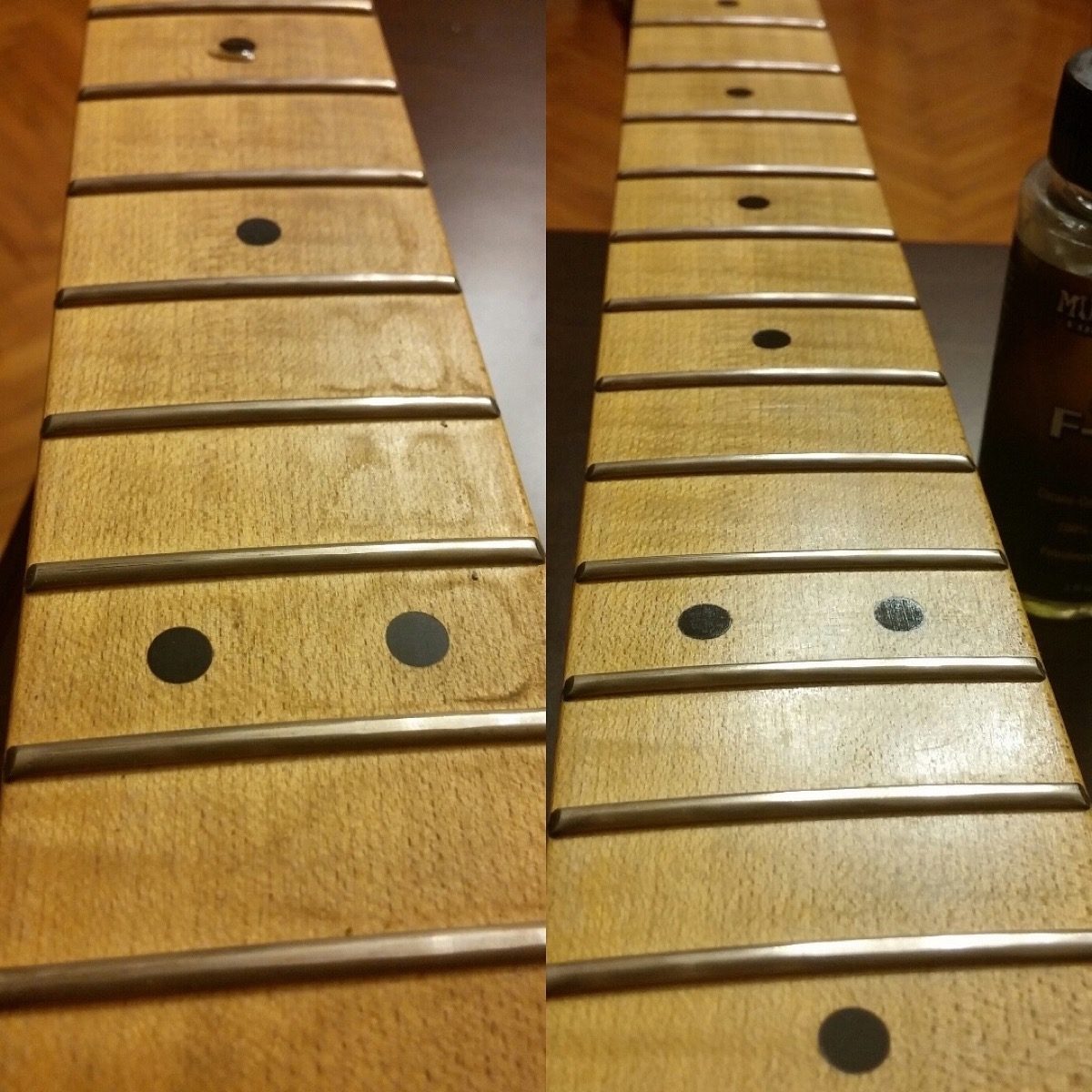 Cleaning guitar fretboard with Lemon Oil Compound. 